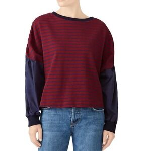 KINLY Shirred Shoulder Sweatshirt Striped Navy Dark Red - Sz Small